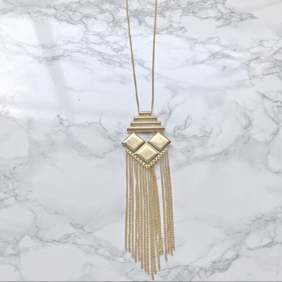 2/$30 Gold Tassel Dangle Long Diamond Shape Geo Art Deco Pendant Necklace - Picture 2 of 4